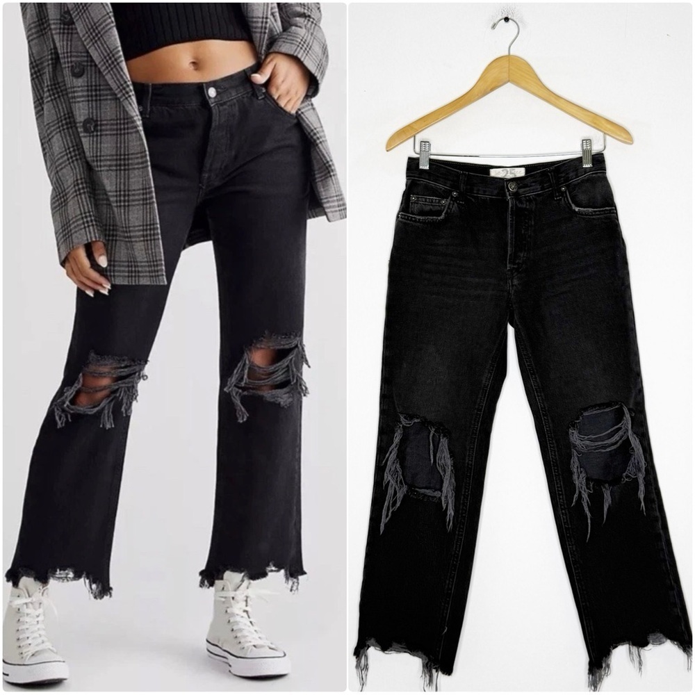 Free People Maggie Straight Leg Jeans Black Distressed Button Fly Size 25 Relax